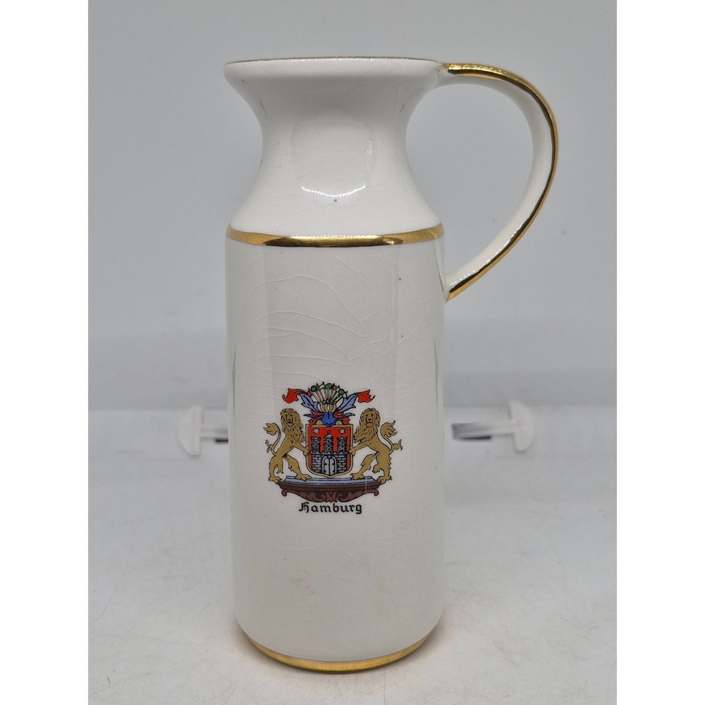 Vintage Reutter Porzellan Pitcher Hamburg Coat of Arms White Gold Trim W Germany